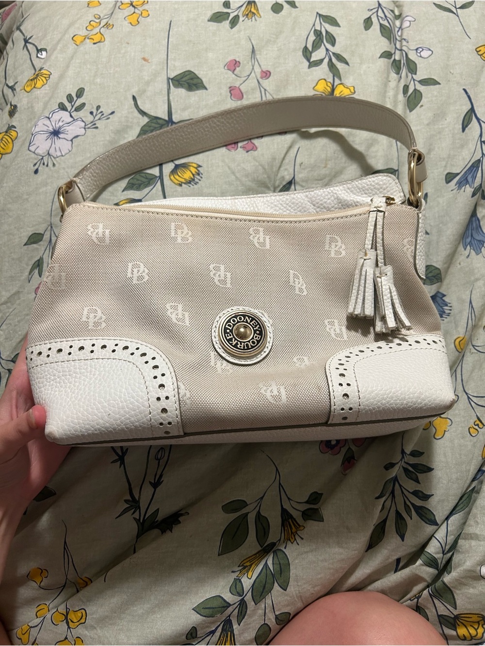 Dooney & Bourke Beige and White Logo-Accent Shoulder Bag
